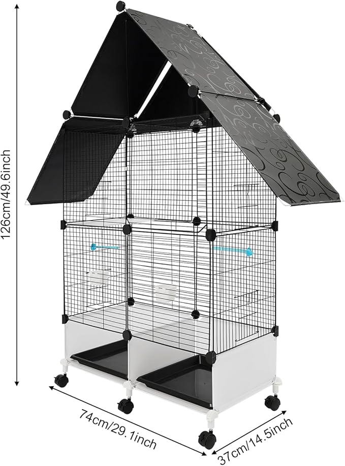 50 Inch 2-Tier Big Bird Cage with Food & Water Bowls Parakeet Bird Cage with Stand, Wheels Metal Birdcage Parrot Cage for Parakeet, Lovebirds, Ringneck, Cockatiels (Black, 2-Tier)
