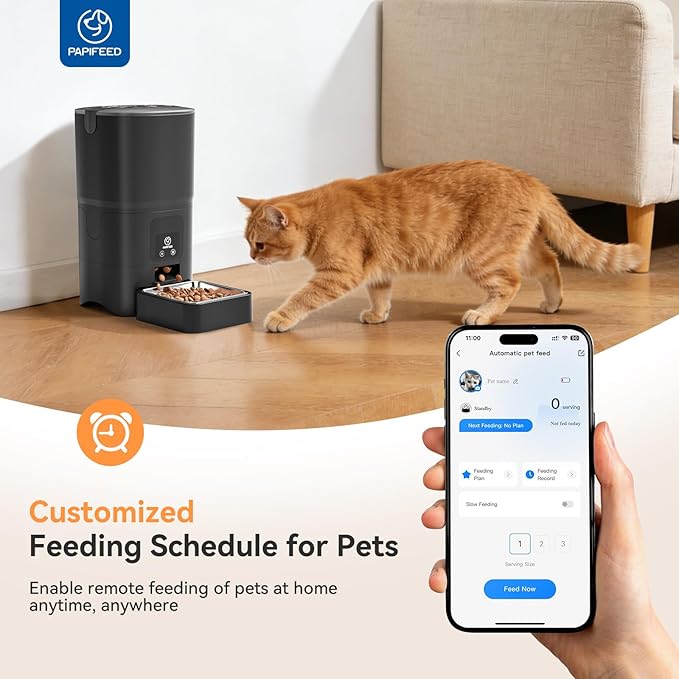 PAPIFEED Automatic Cat Feeder, 6L Smart WiFi Cat Food Dispenser with App Control, Bluetooth-Assisted Setup, Stainless Steel Bowl, Anti-Clog Design for Dry Cat Food