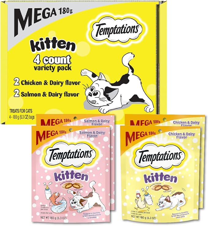 Temptations Kitten Treats Classic Crunchy and Soft Cat Treats Variety Pack, 6.3 oz. Pouches (Pack of 4)