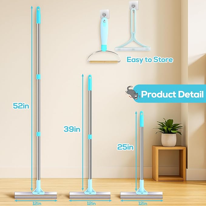 3PCS Pet Hair Removal Tool - Reusable Carpet Rake for Deep Stubborn Cleaning with Copper Head Scraper and Silicone Scraper, 52" Adjustable Long Handle Dog Hair Remover Broom for Sofa, Rugs, Couch, Car
