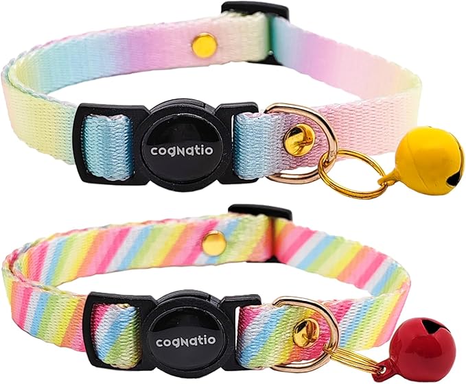 2 Pack Breakaway cat Collars with Bell,Safety Quick Release Pendant Cute Kitten Collar,Adjustable 20-30cm (Rainbow01, 20-30cm)