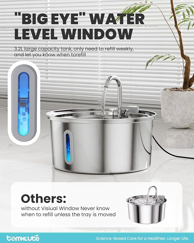 Cat Water Fountain Stainless Steel - 108oz/3.2L Large Capacity Cat Fountain for Drinking, Ultra Quiet Metal Pet Water Fountain for Cats, Small Dogs, Multiple Pets