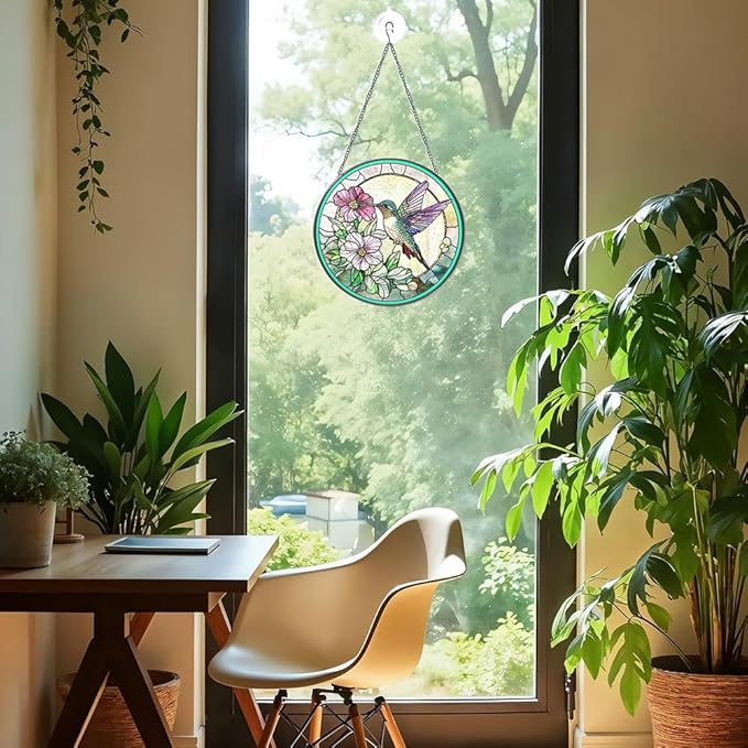 Hummingbird Suncatcher with Floral Nectar Design, Stained Glass Suncatcher - Stained Glass Window Hanging for Nature Lovers, Unique Gift for Bird Enthusiasts, Indoor/Outdoor Garden or Home Decoration