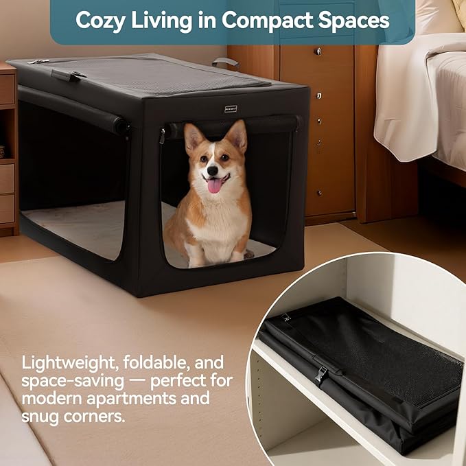 PETSFIT Portable Dog Crate for Large Dogs, – 40" Soft Dog Travel Crates with Lockable Zippers & Thicken Mat, Adjustable Patented Spiral Steel Frame, Collapsible Kennel for Indoor & Outdoor
