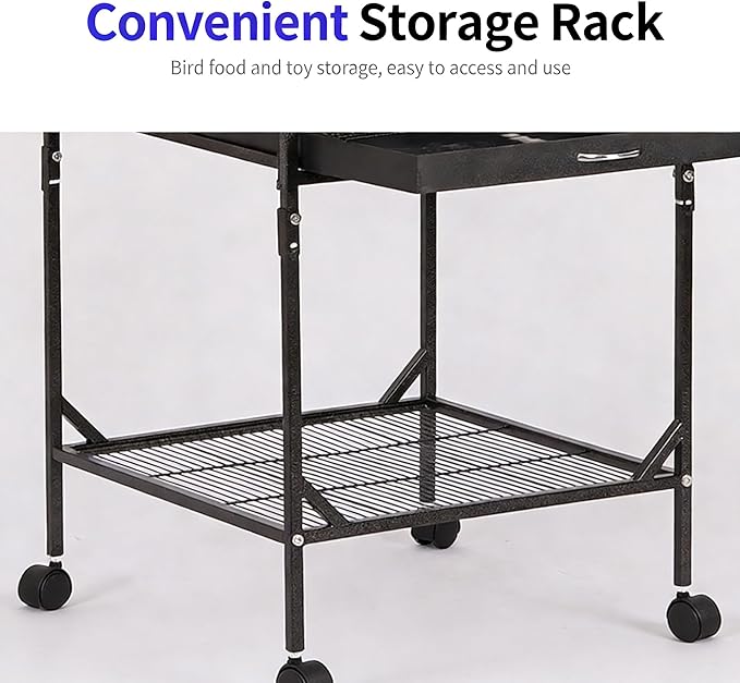 Bird Cage with Stand Rolling Wheels 18x18x54 Inch for Medium Small Birds, Open Top Metal Cockatiel Parrot Cage with Removable Tray Storage Shelf for Parakeets Lovebirds Finches (Black)