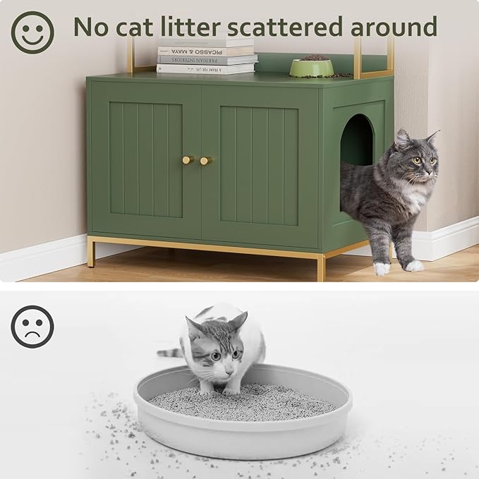 Homhedy Cat Litter Box Enclosure, Litter Box Furniture Hidden with 2-Tier Storage Shelves, Wooden Cat Washroom Furniture with Metal Frame, Modern Style, Green and Gold