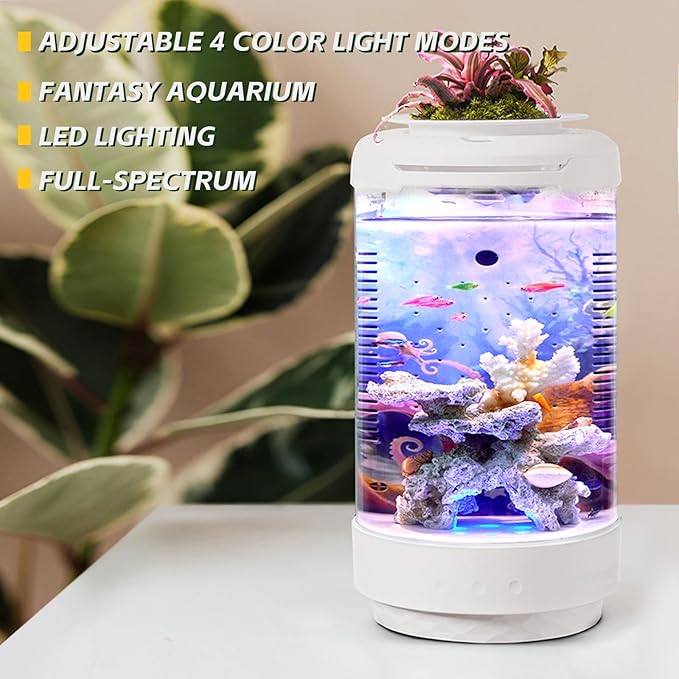 Small Fish Tank 1.2 Gallon Aquarium Starter Kit Desktop Mini Fish Bowl Small Betta Fish Tank with Plant Pot (Coral Reef)