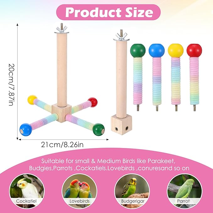 Rotating Parrot Perch Toy with Chew Ball - Bird Cage Accessories for Small and Medium Birds - Natural Wood and Cotton Rope Parakeet Toys and Accessories