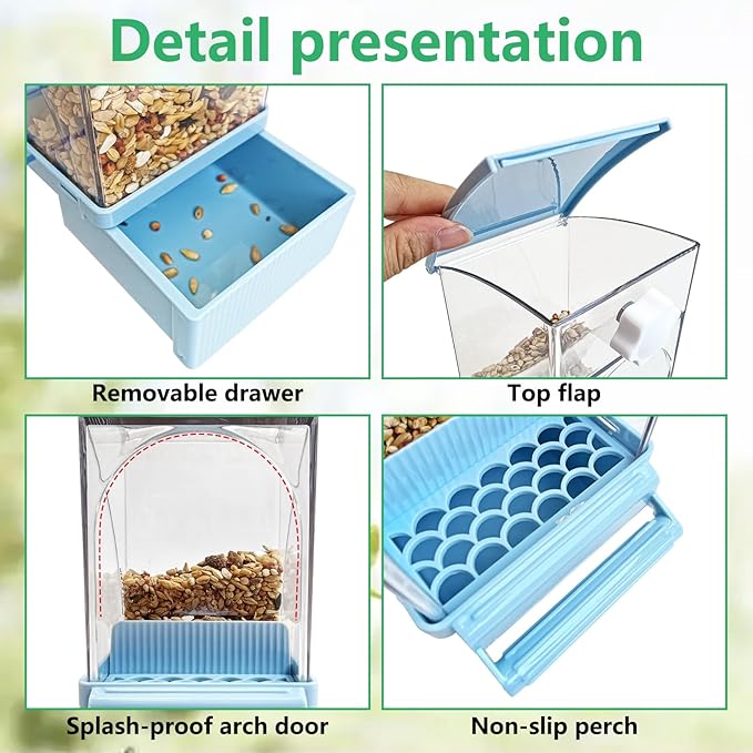 Hamiledyi 2Pcs Automatic Birds Feeder No Mess Bird Cage Feeder Transparent Acrylic Parrot Seed Food Container with Perch Bird Cage Accessories for Parakeet Finch Lovebirds Budgies Canary (Blue)