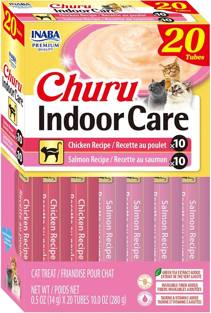 INABA Churu Indoor Care for Hairball Control, Functional Lickable Cat Treat with Taurine & Green Tea Extract, 0.5oz Each, 20 Tubes Total, Chicken & Salmon Variety