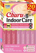INABA Churu Indoor Care for Hairball Control, Functional Lickable Cat Treat with Taurine & Green Tea Extract, 0.5oz Each, 20 Tubes Total, Chicken & Salmon Variety
