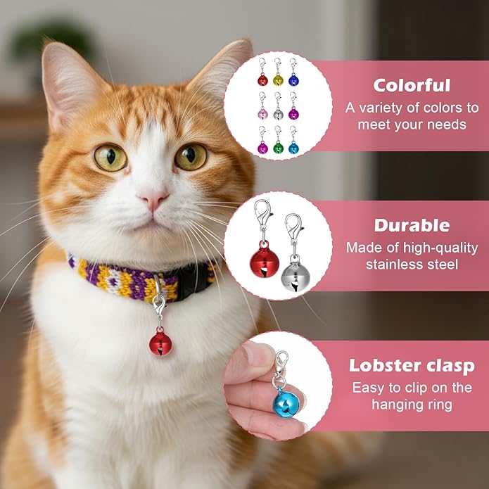 9 Pack Cat Dog Collar Bells, Colourful Pet Small Bell with Clasps Dog Collars Charms Cats Dogs Round Bell Pet Assorted Colors Collar Bells for Festival Party DIY Crafts Decoration