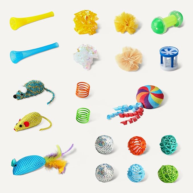 Amazon Basics Cat Toy Set, 20 Piece Variety Pack with Teaser, Ball, Feather, Spring