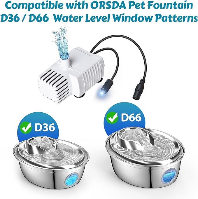 ORSDA Cat Fountain Pump for D36/D66 Cat Water Fountain with Level Window, LED Light, Replacement Motor for Stainless Steel Cat Dog Water Dispenser