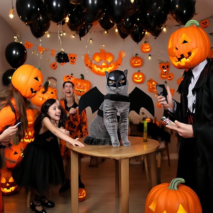 Cat Halloween Costumes, Cat Bat Mask and Bat Wings Set for Halloween Party Decoration, Pet Cosplay Costume for Cats and Small Dogs(Mask and Large Wings)