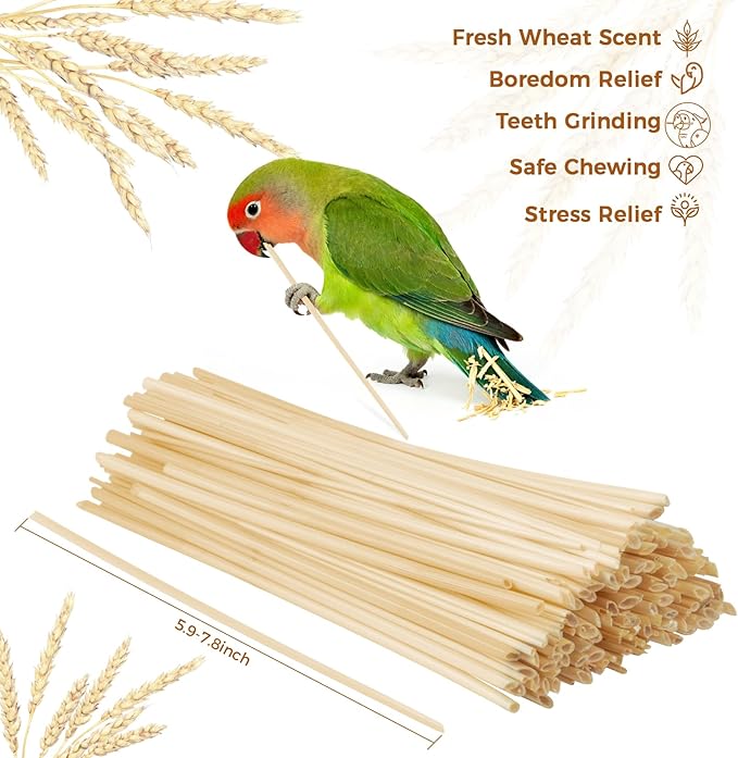 MAQIHAN Bird Chew Toys - 200 Count Natural Wheat Straw Parrot Shredding Foraging Toy for Beak,Interactive Bird Cage Toys for Parakeets, Cockatiels, Conures, Cockatoos