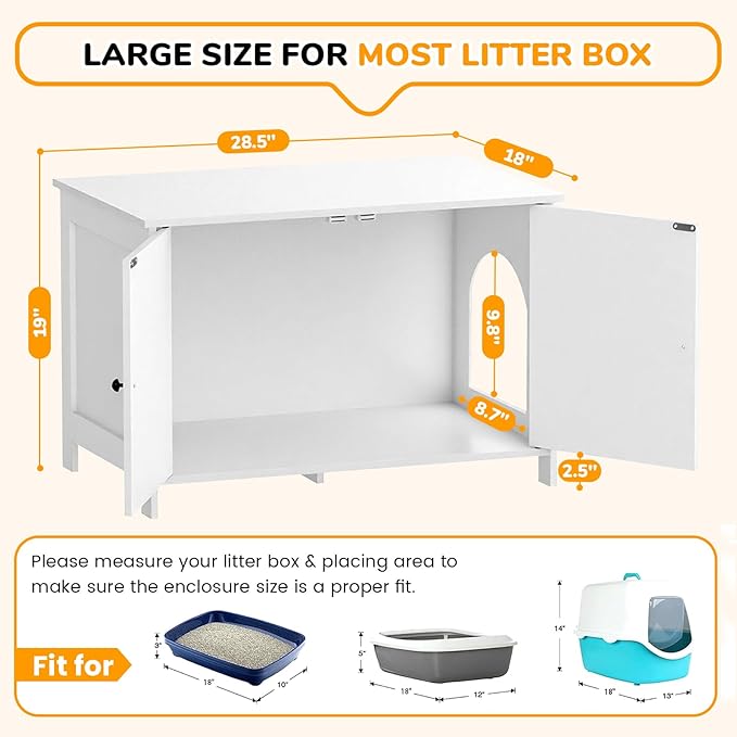 Cat Litter Box Enclosure Furniture Dog Proof, Hidden Kitty Washroom Cabinet Low Entry, Wooden Cat Boxes Enclosure Odor Control for Home, Farmhouse Style Decorative TV Stand with Storage, White