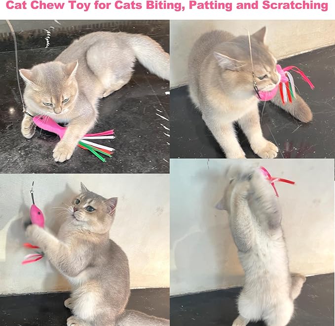 Cat Toys Catnip, 5PCS Floppy Fish Cat Toy Filled Soft Plush, Pink Flopping Fish Chew Kitten Toys, Catnip Wand Toy Attachment with Ribbons, Interactive Cat Toys for Indoor Cats Kitten Play Chew