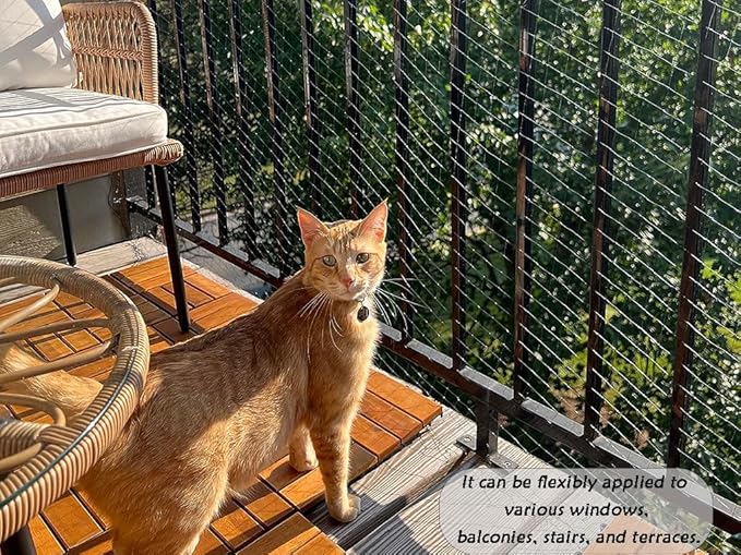 JUNFLYING Cat Netting Balcony 10x13 FT, Wire-Free Pet Protection Mesh for Fall Prevention, Heavy-Duty Catio Screen Barrier for Apartment, Window, Staircase, Terrace and Patio