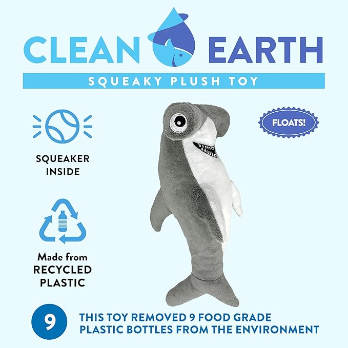 Spunky pup Clean Earth Plush Dog Toy with Squeaker - Recycled, Eco-Friendly, Floats for Beach, Lake, Pool - Hammerhead Shark, Large