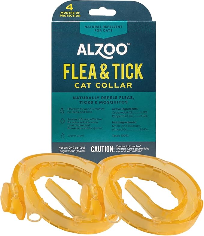 ALZOO Natural Flea & Tick Cat Collar, Helps Repel Fleas, Ticks & Mosquitoes, Plant-Based Active Ingredients, Phthalates and PVC Free, Up to 8 Months Protection, Pack of 2