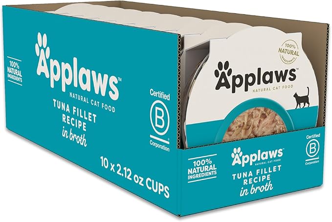 Applaws Natural Wet Cat Food in Broth, Limited and Natural Ingredients, High Protein with No Artificial Additives, Tuna Fillet in Broth (10 x 2.12 oz Easy-Open Cups)