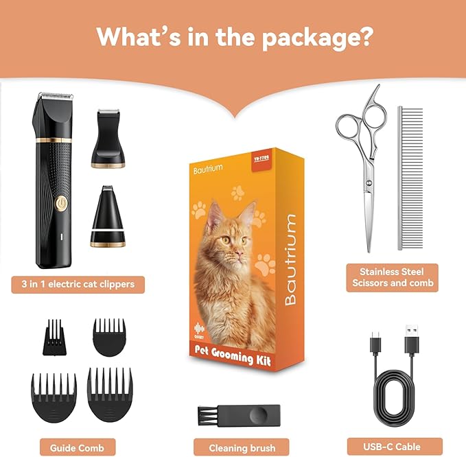 Cat Grooming Clippers Kit with Paw Trimmer, 3 in 1 Electric Pet Hair Trimmer Supplies for Thick Matted Hair, Heavy Coat Butt Shaver Cat Razor Fur Trimmer for Dogs at Home (Black)