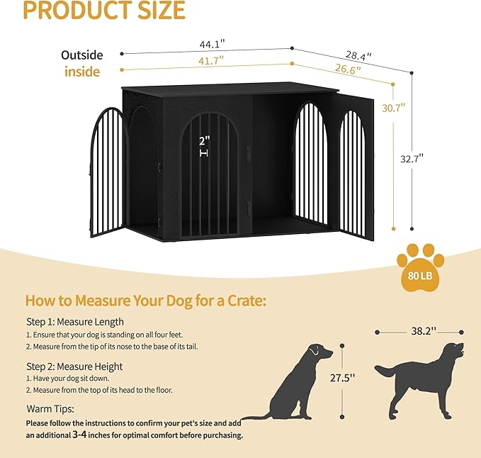 44.1" Wooden Dog Crate Furniture, Indoor Dog Kennel Dogs Cage for Small/Medium/Large Dogs, Heavy Duty Dog Crates Decorative Pet House End Side Table TV Stand, Black DFC83904B