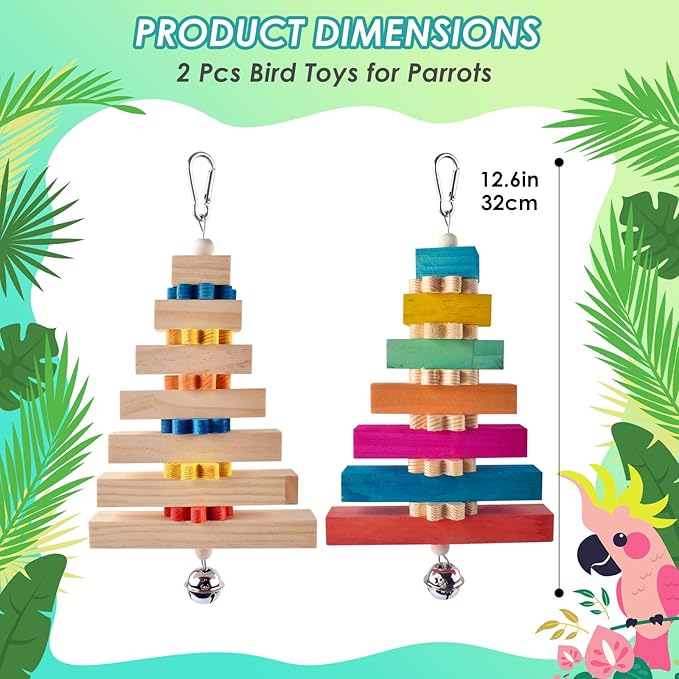 2 Pcs Bird Toys for Parrots, Colorful Natural Large Parrot Toy Hanging Chew Wood Block with Bell for Medium to Large Cockatiels, Eclectus, African Greys, Amazon, Cockatoo