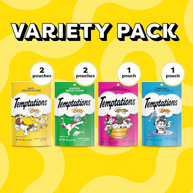 Temptations Cat Treats Classic Crunchy and Soft Feline Favorites Variety Pack,3 oz. Pouches,(Pack of 12)