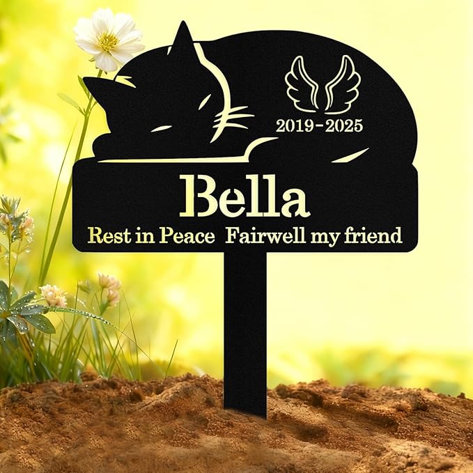 Custom Sleeping Cat Grave Marker Outdoor, Personalized Metal Cat Memorial Grave Stake with Name and Date, Outdoor Waterrproof Cats Memorial Plaque