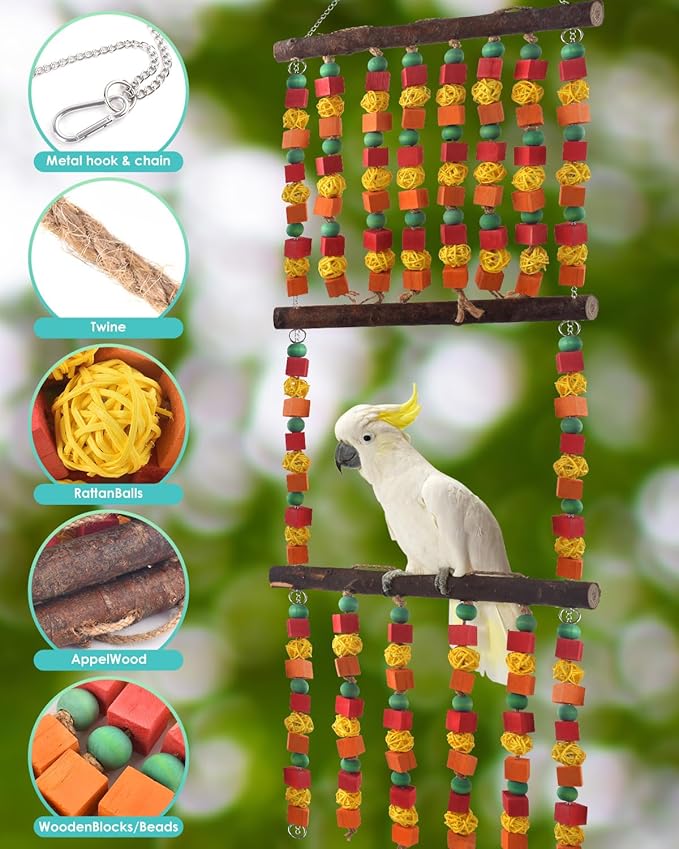 43" Extra Large Bird Parrot Toys, Multicolored Wooden Blocks Chewing Toy with Rattan Balls and Perches for Eclectus, African Greys, Cokatoos, Amazon Parrots