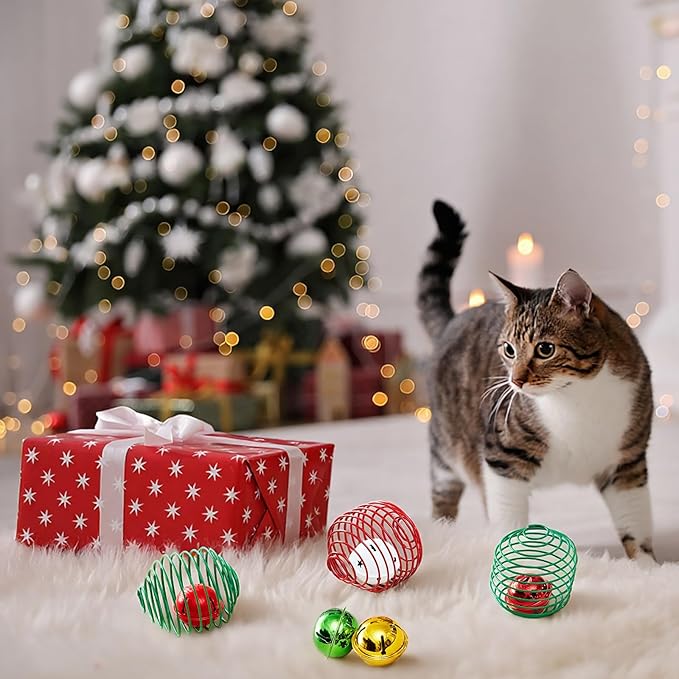Jecery 5 Pcs Cat Spring Balls Toys Stretchable Rolling Balls Colorful Playful Coils Interactive Action Toy Caged Rats for Kitten Pet Supplies (Bell,Christmas Colors)