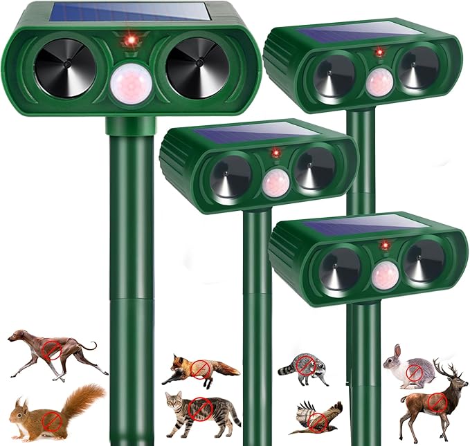 4 Pack Solar Ultrasonic Animal Repeller Outdoor Motion Activated Cat Deterrent & Deer Repellent Devices for Yard Garden IP65 Waterproof Ultrasonic Pest Repeller for Squirrel Raccoon Dog Skunk Rabbit