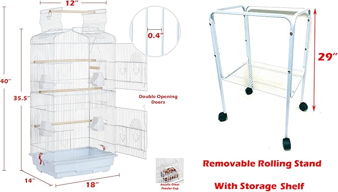 Large Open/Close Play Perch Stand Top Side Nesting Box Doors Canary Parakeet Cockatiel Lovebird Finch Roof Top Bird Cage with Removable Rolling Stand