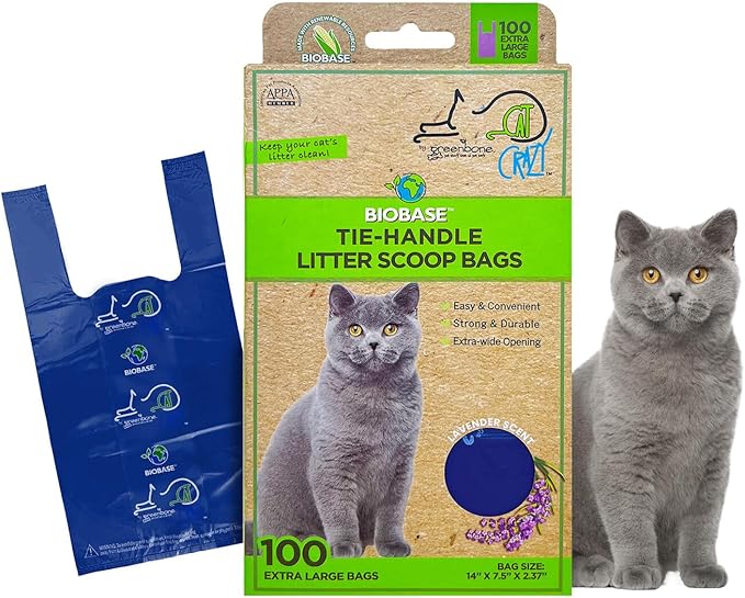 Greenbone Biobase Cat Litter Bags Lavendar Scented Tie-Handle Litter Box Bags - 100 Pet Waste Bags - Large 14 Inch x 7.5 Inch