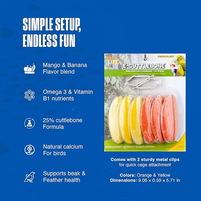 Penn-Plax Bird-Life E-Cuttlebone Flavored, 1 Pk (6 Counts) - Mango & Banana - Durable, Less Brittle Cuttlebones Enriched with Omega 3 and Vitamin B1 - 2 Cage Clips -For All Bird Sizes -Orange & Yellow