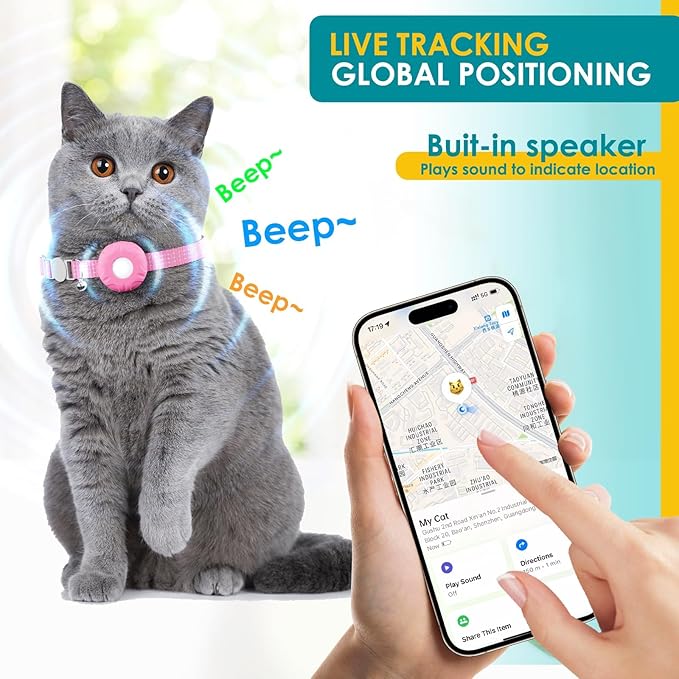 Cat GPS Tracker for Cats, Waterproof Pet GPS Tracker, Compatible with Apple Find My App (Only iOS), No Monthly Fee (White Tracker, Pink Cat Collar)-2025091601
