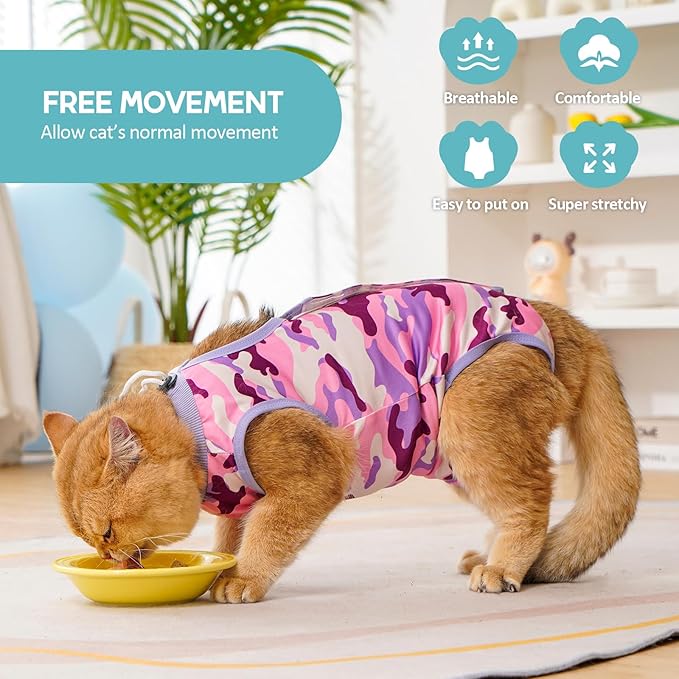 Avont Cat Recovery Suit - Kitten Onesie for Cats After Surgery, Cone of Shame Alternative Surgical Spay Suit for Female Cat, Post-Surgery or Skin Diseases Protection -Purplecamo(L)