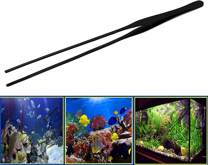 G.S Aquarium Tweezers Stainless Steel Straight and Curved Tweezers Set for Fish Tank Aquatic Plants Long Handle Reptile Feeding Tongs,10.5 inch Black