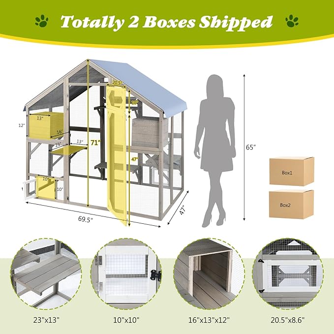 PetsCosset Cat Catio Outdoor Enclosure Outside Patio Large Catio House for Indoor 2-3 Cats Weatherproof Wooden Walk in Kitty Kennel Cage,Versatile Use for House's Window,Pet Doors, Tunnel - 71" H