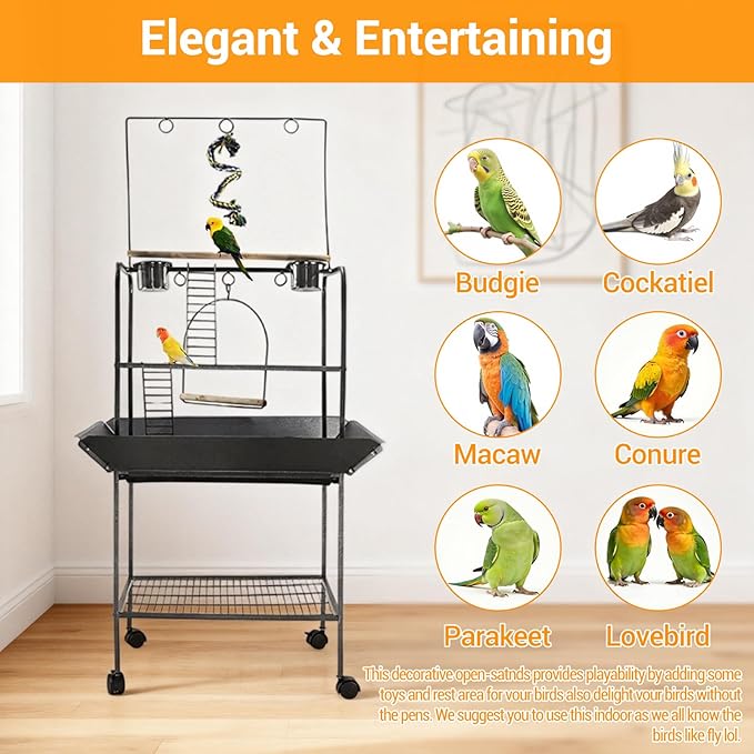 Small Parrot Playstand with Wheels, 62 Inch Bird Playstand, Bird Stand Activity Play Center with Perches and Ladders, Indoor Outdoor Playground for Birds with Swing Black Hammertone Finish