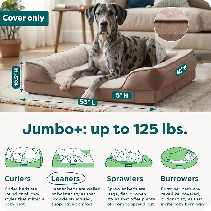 FurHaven Dog Bed Cover Replacement, Sofa-Style Design with Soft, Breathable Fabric for Cozy Comfort, Machine Washable, Jumbo Plus XXL, Plush & Velvet Waves, Brownstone