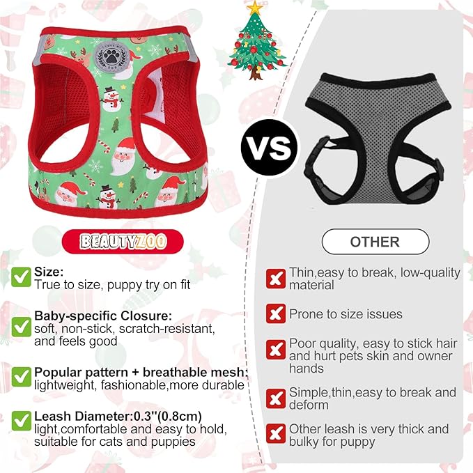 BEAUTYZOO Step in Dog Harness and Leash Set,Reflective Dog Harness No Pull No Choke Puppy Harness for Small Medium Large Dogs Cats,Soft Padded Mesh Vest Harnesses for Girl and Boy Pets,Christmas XS
