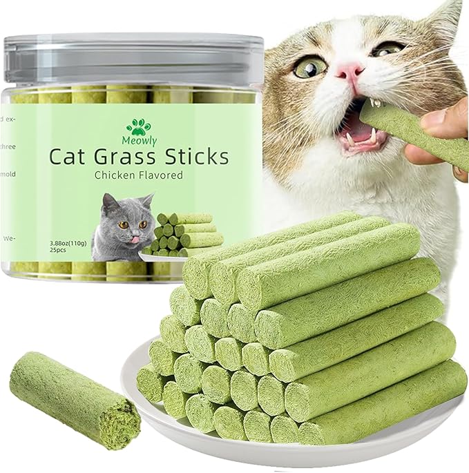 Meowly 110g Cat Grass ﻿Sticks for Cats, Natural Chicken Flavored Cat Grass ﻿Sticks for Teeth Cleaning and Hairball Remedy