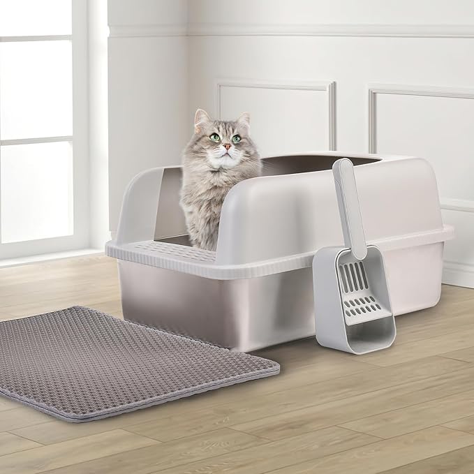 Henkelion Stainless Steel Cat Litter Box with Lid, 24" L x 16" W x 11.8" H, Extra Large Litter Box for Big Cats with High Sided, Anti-Urine Leakage, Easy Cleaning, Include Cat Mat and Scoop