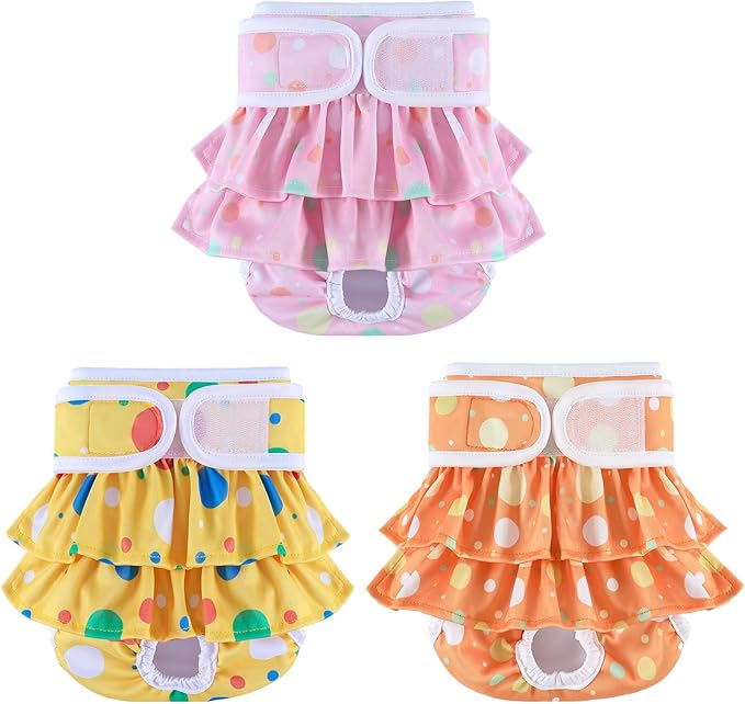 Washable Dog Diapers Female 3 Pack Reusable Premium Highly Absorbent Puppy Diapers, Flexible Doggie Diapers, Durable Leak-Proof Dot Doggy Diapers for Period Heat Incontinence Potty Training, S