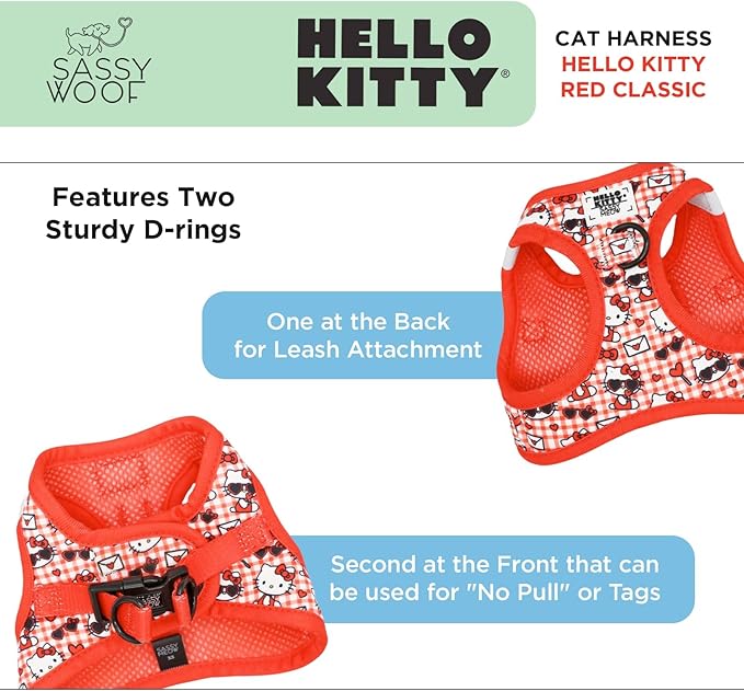 Sassy Woof Cat Step-in Harness - Hello Kitty® Red Classic - L, Breathable Mesh, No Pull Design with Two D-Rings, Perfect for Large Cats - Officially Licensed