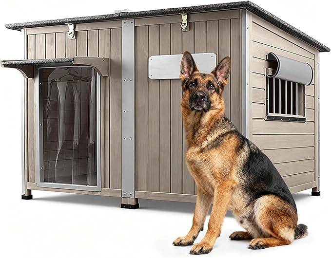 55"L Dog House Outdoor Large Breed Extra XL Wooden Dog House with Weatherproof Asphalt Roof, All-Around Iron Frame, Removable Floor, Openable Top Roof, Air Vents Window for Medium to Large Dogs
