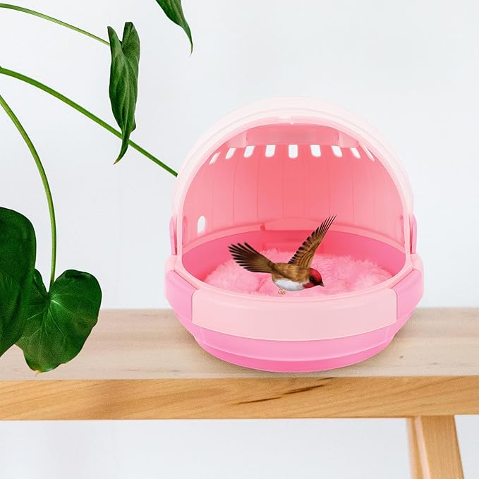 BESPORTBLE Portable Parrot Travel Cage Carrier with Warm Nest Pad, Lightweight Bird Carrier for Small Birds, Pink Space Capsule Design for Outdoor Use and Pet Sleeping Bed